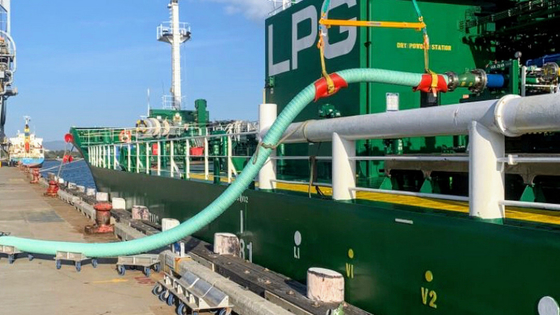 ENVIE - à mangueira reforçada NAVIO usada na doca do cais para o transporte do óleo bruto